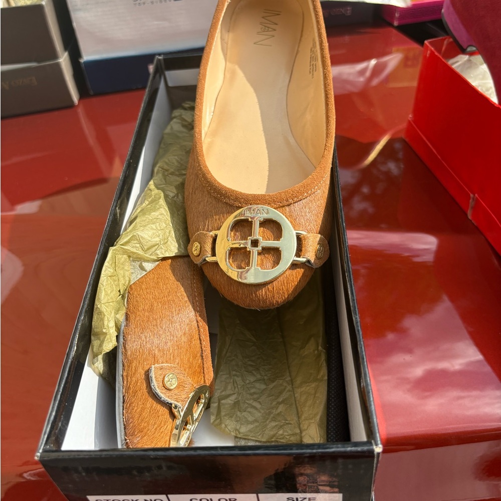 IMAN Cognac Pony hair with Gold Loafers for Women - 8